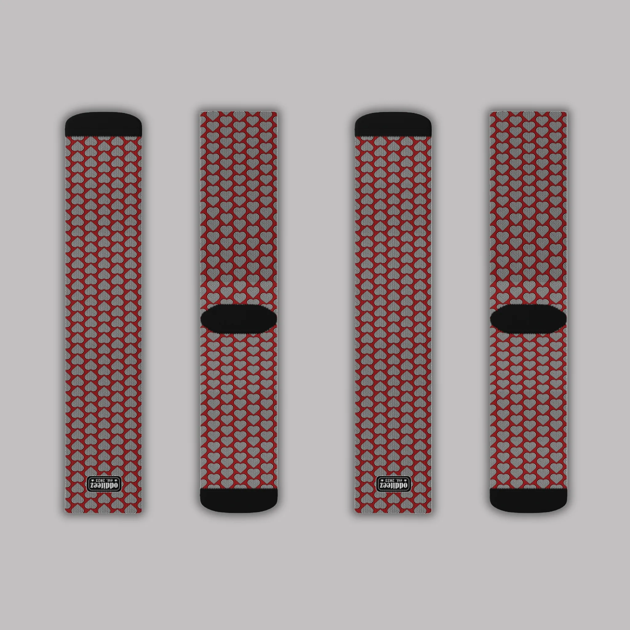 Black & White heart design, Dark Red Unisex Calf-Length Sublimation Socks