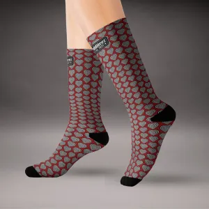 Black & White heart design, Dark Red Unisex Calf-Length Sublimation Socks