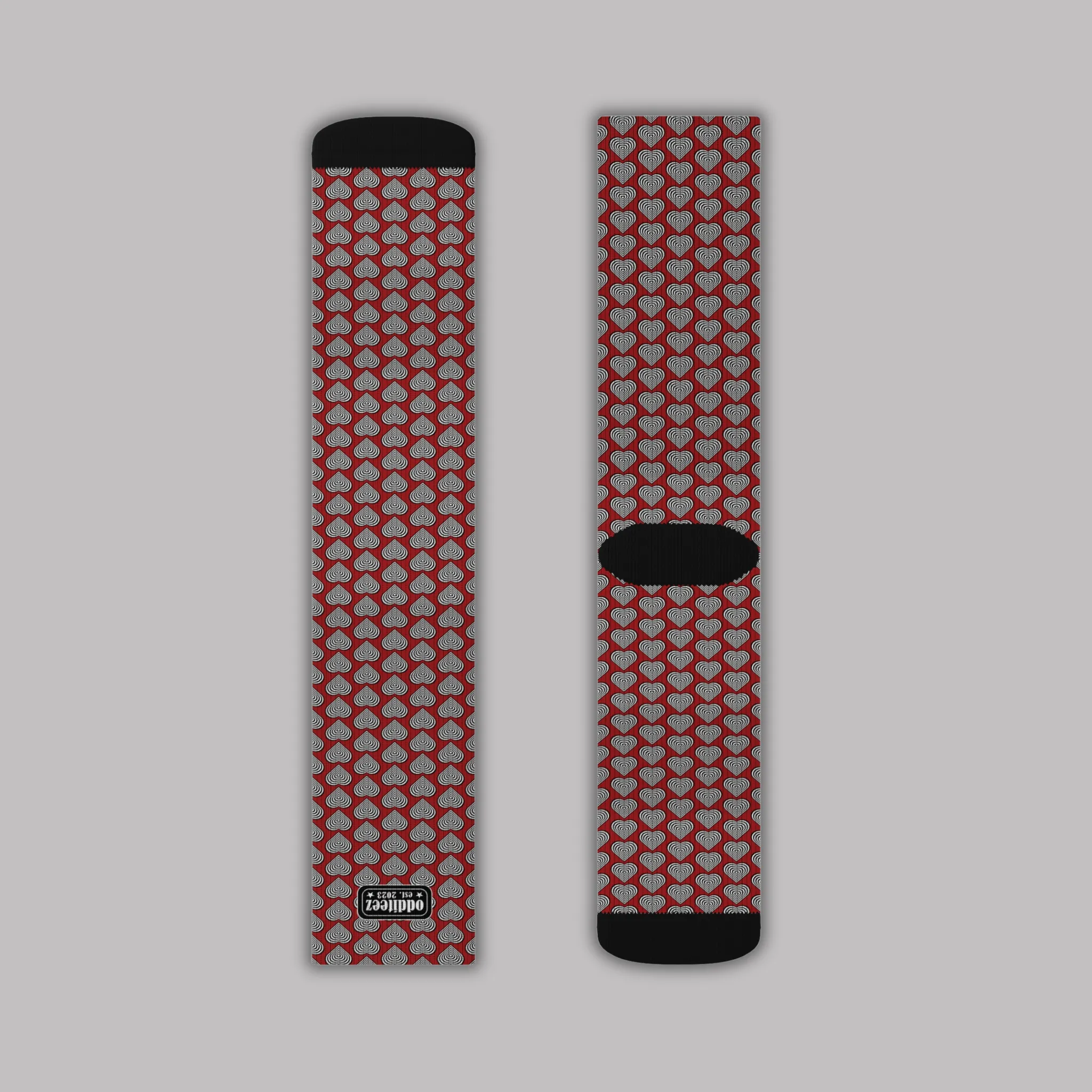 Black & White heart design, Dark Red Unisex Calf-Length Sublimation Socks
