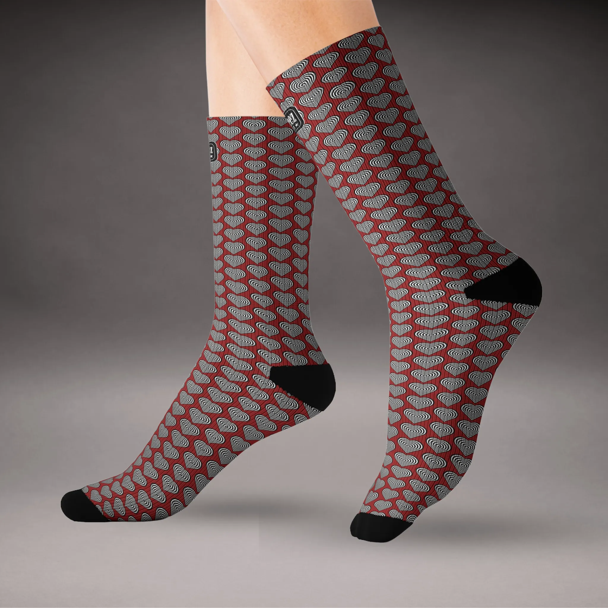 Black & White heart design, Dark Red Unisex Calf-Length Sublimation Socks