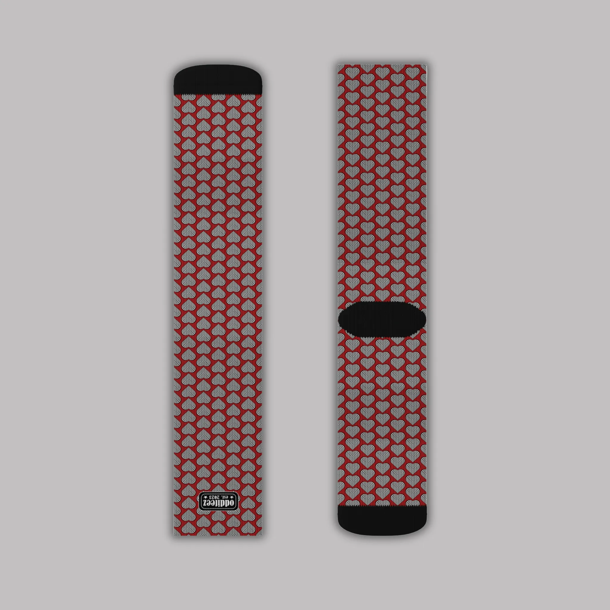 Black & White heart design, Dark Red Unisex Calf-Length Sublimation Socks