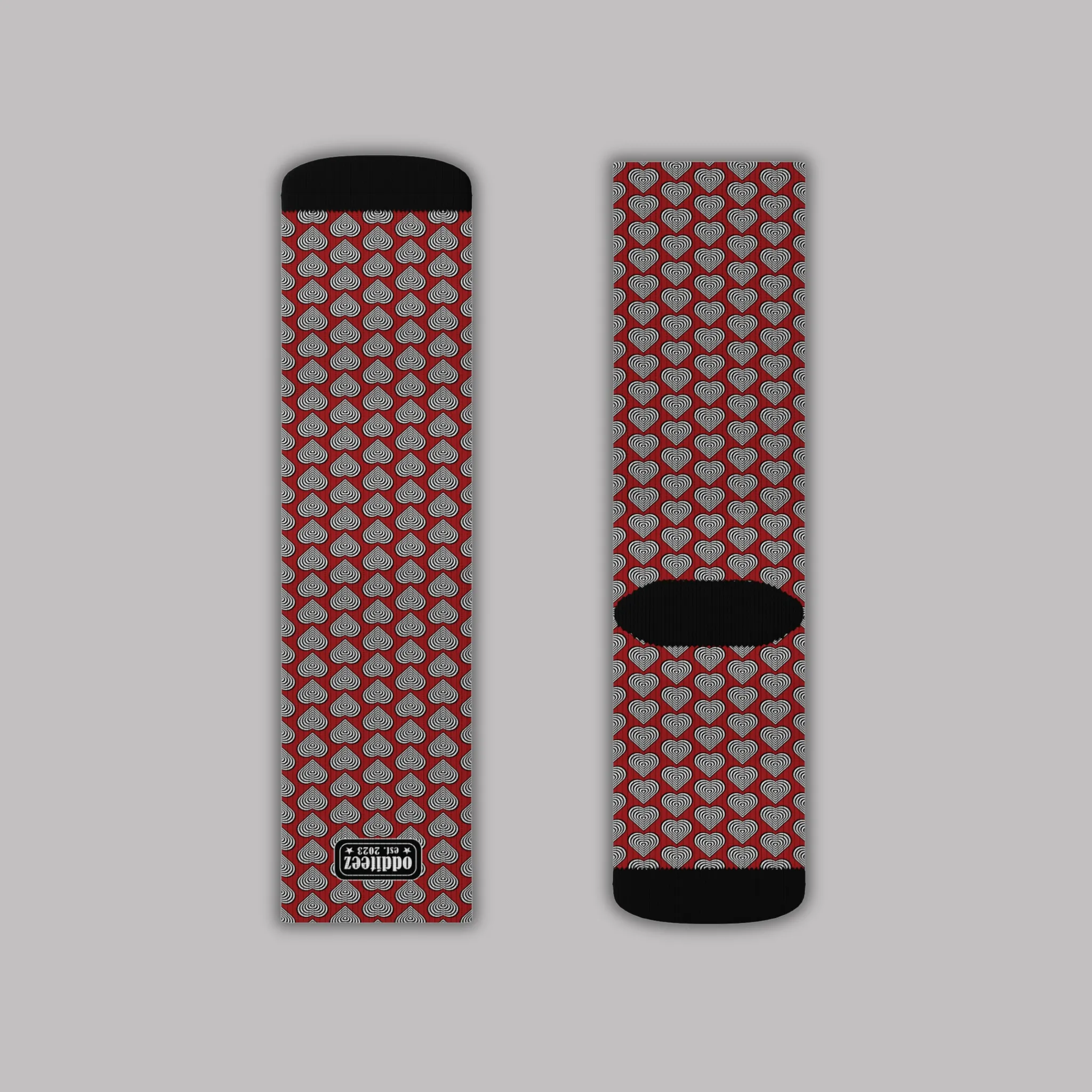 Black & White heart design, Dark Red Unisex Calf-Length Sublimation Socks