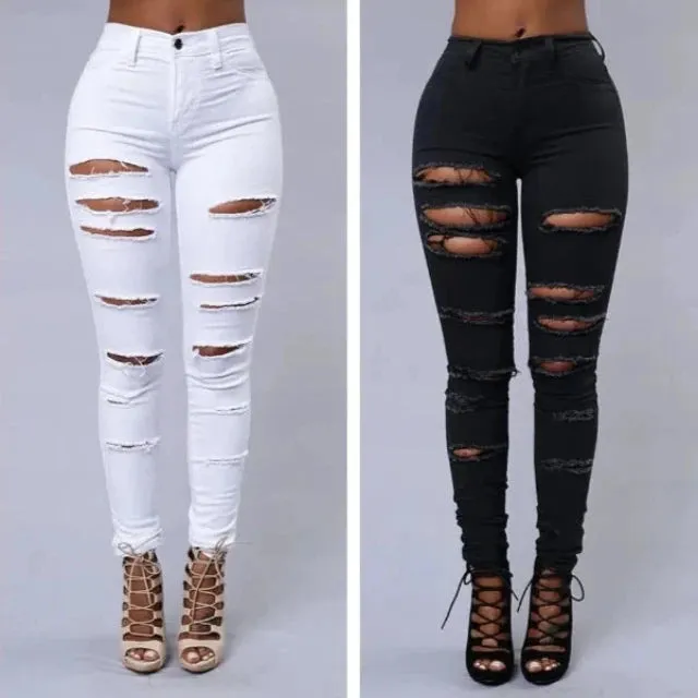 Black and white high-waisted ripped jeans in a chic style