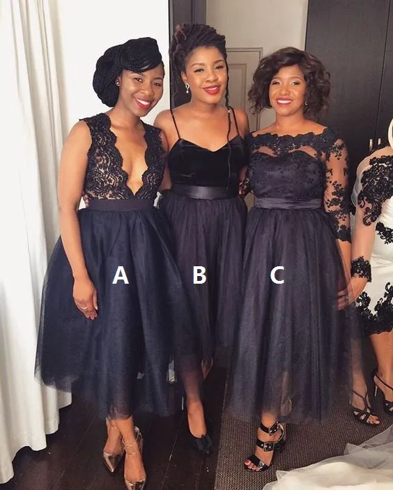 black bridesmaid dresses for weddings lace appliqué mismatched short cheap wedding party dress