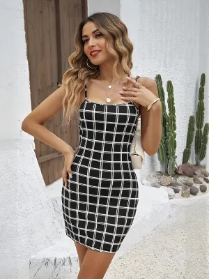 Black Checkered Mini Bodycon Dress