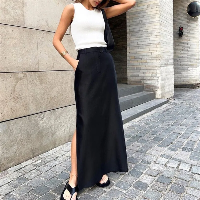 Black Cotton Split High Waist Half Length Skirt