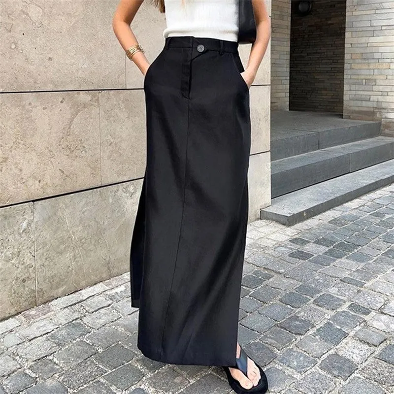Black Cotton Split High Waist Half Length Skirt