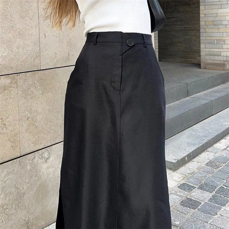Black Cotton Split High Waist Half Length Skirt