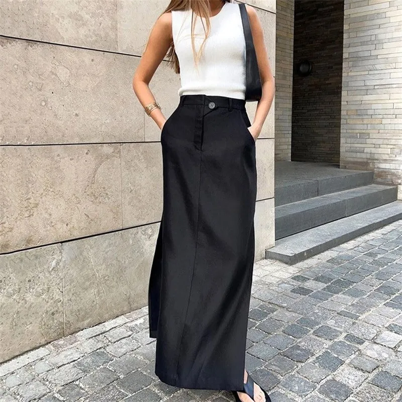 Black Cotton Split High Waist Half Length Skirt