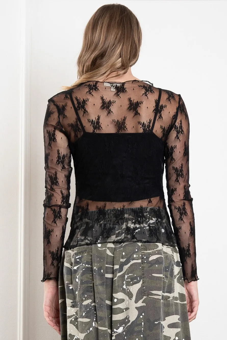 Black Embroidered Long Sleeve Mesh Blue Velvet Top 2/14/25 9631