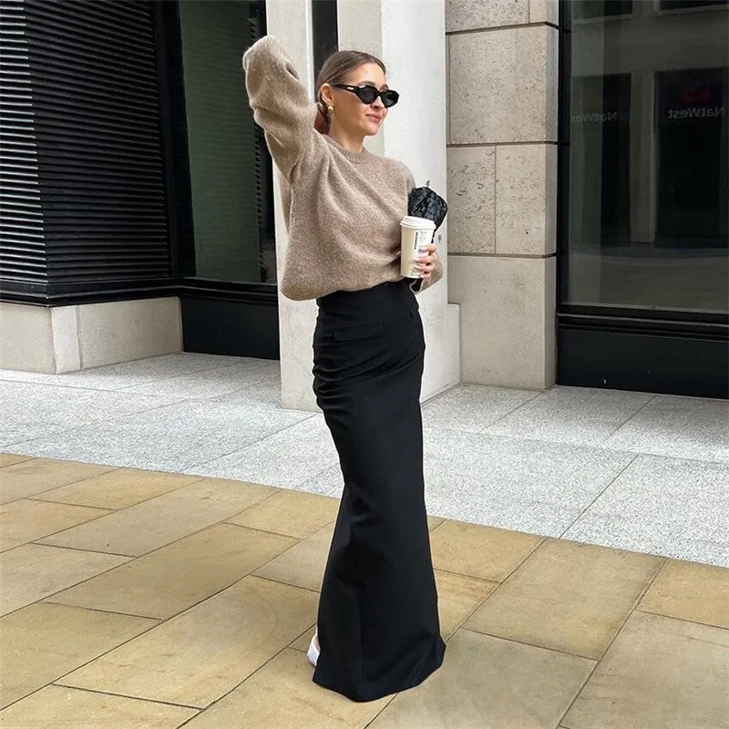 Black High Waist Fish Tail Floor Length Split Skirt