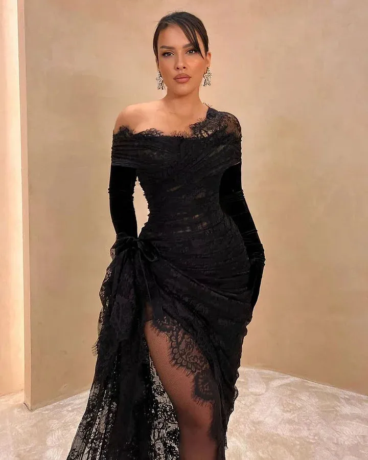Black Lace Mermaid Prom Dress Long Off-the-Shoulder With Slit