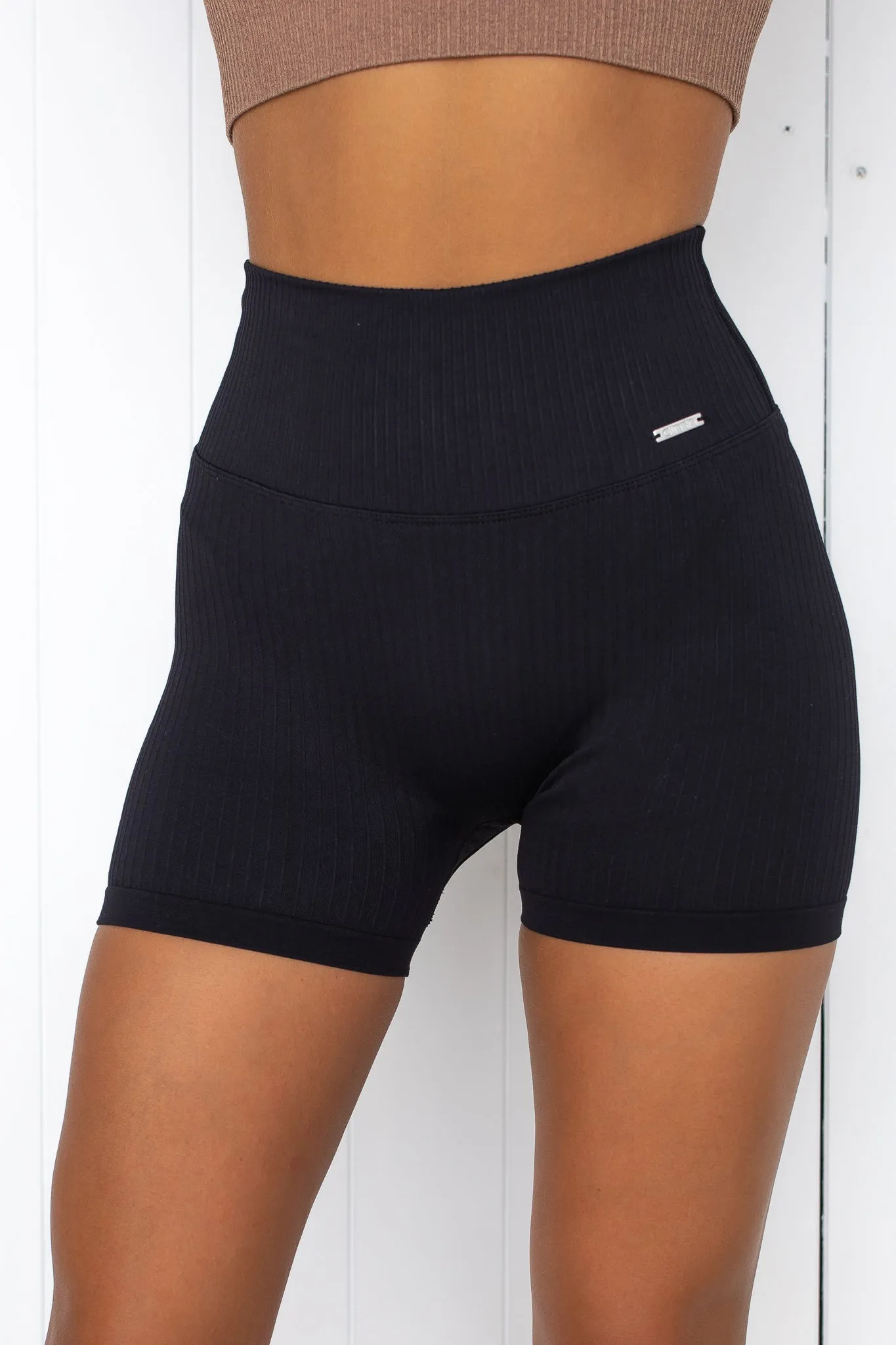 Black Ribbed Midi Biker Shorts