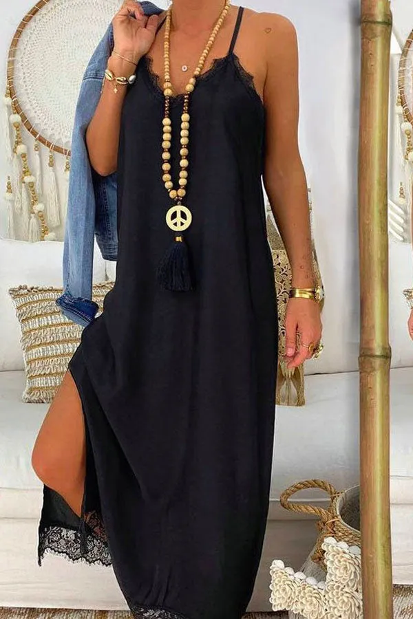 Black Sexy Lace Loose Vacation Summer Maxi Dresses