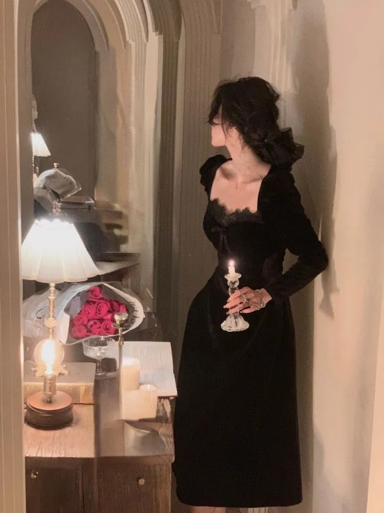 Black Velvet Dress Casual Elegant Midi Long Sleeve Vintage Lace Dress