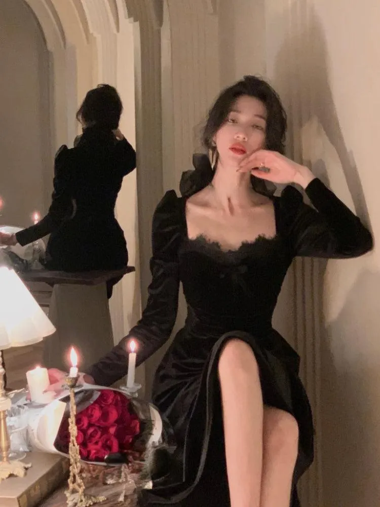 Black Velvet Dress Casual Elegant Midi Long Sleeve Vintage Lace Dress