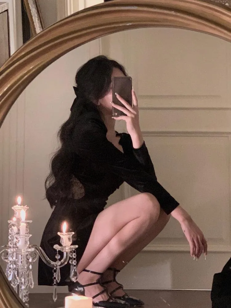 Black Velvet Dress Casual Elegant Midi Long Sleeve Vintage Lace Dress