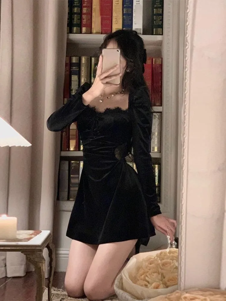 Black Velvet Dress Casual Elegant Midi Long Sleeve Vintage Lace Dress