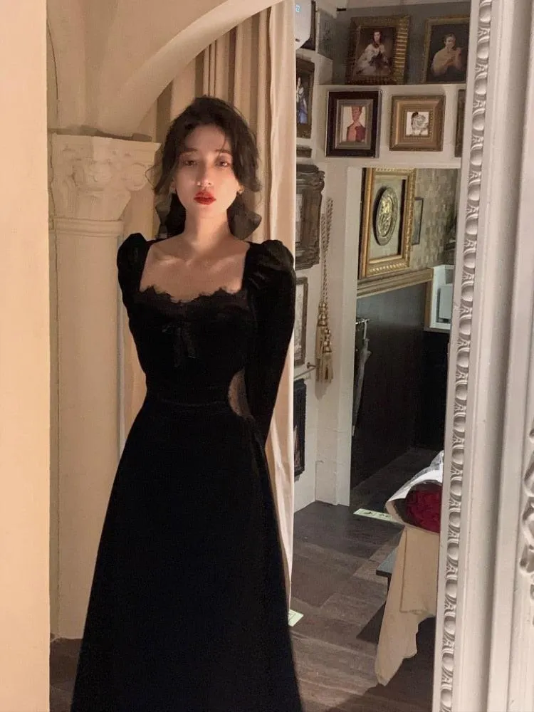 Black Velvet Dress Casual Elegant Midi Long Sleeve Vintage Lace Dress