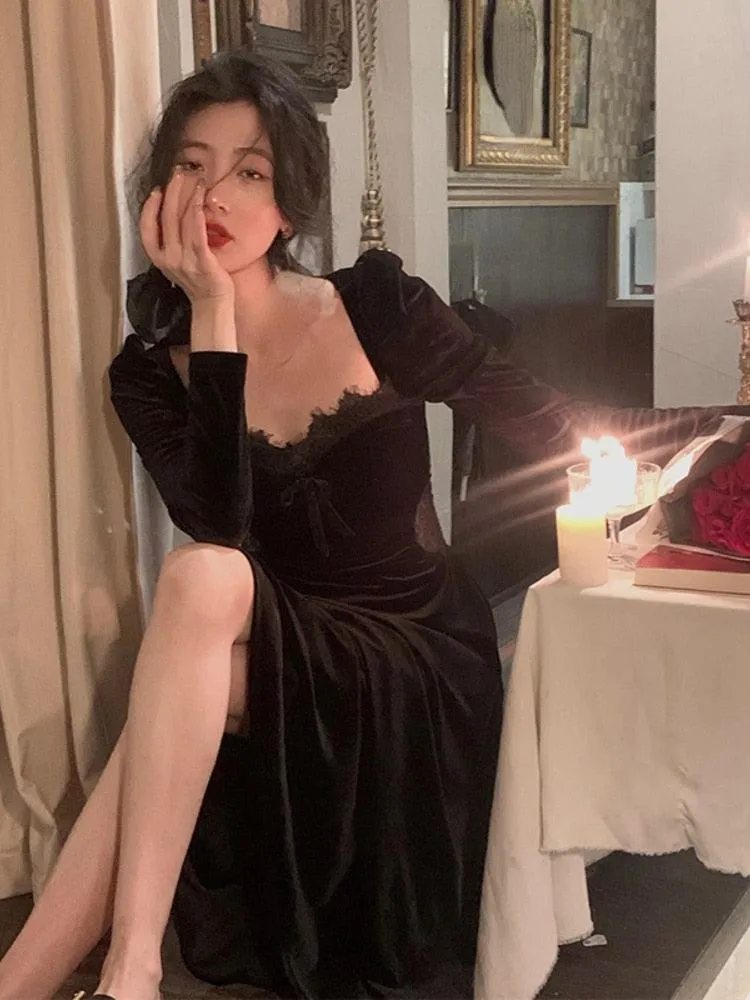 Black Velvet Dress Casual Elegant Midi Long Sleeve Vintage Lace Dress