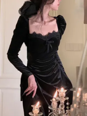 Black Velvet Dress Casual Elegant Midi Long Sleeve Vintage Lace Dress