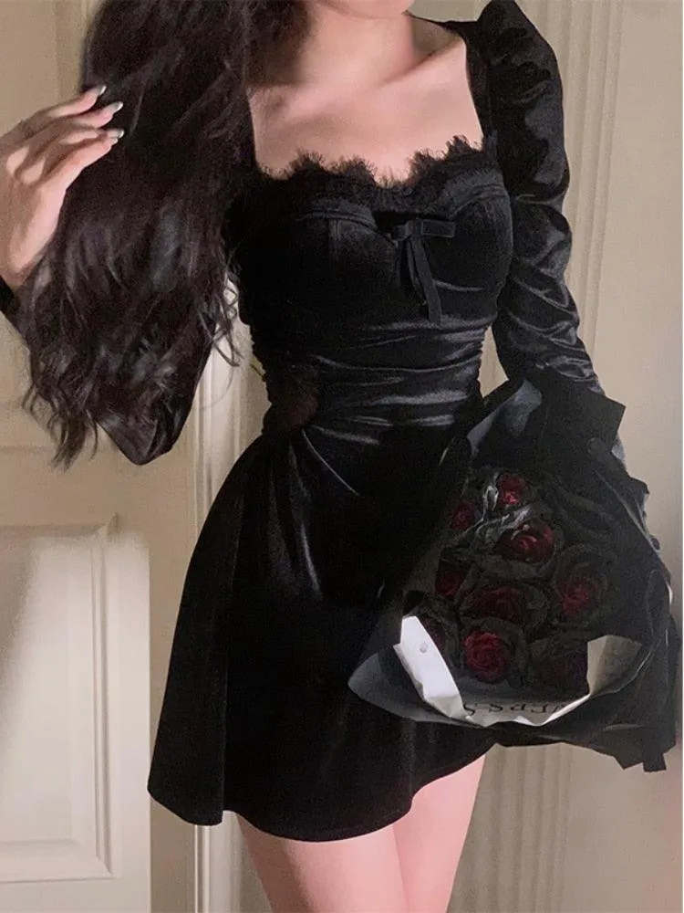 Black Velvet Dress Casual Elegant Midi Long Sleeve Vintage Lace Dress