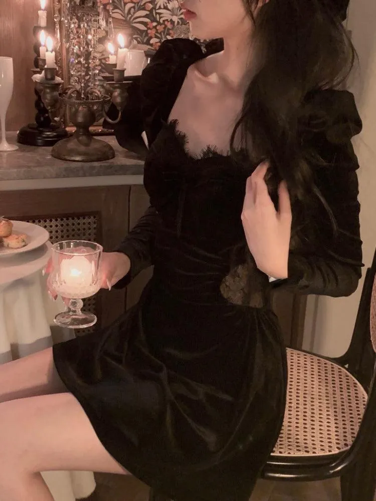 Black Velvet Dress Casual Elegant Midi Long Sleeve Vintage Lace Dress