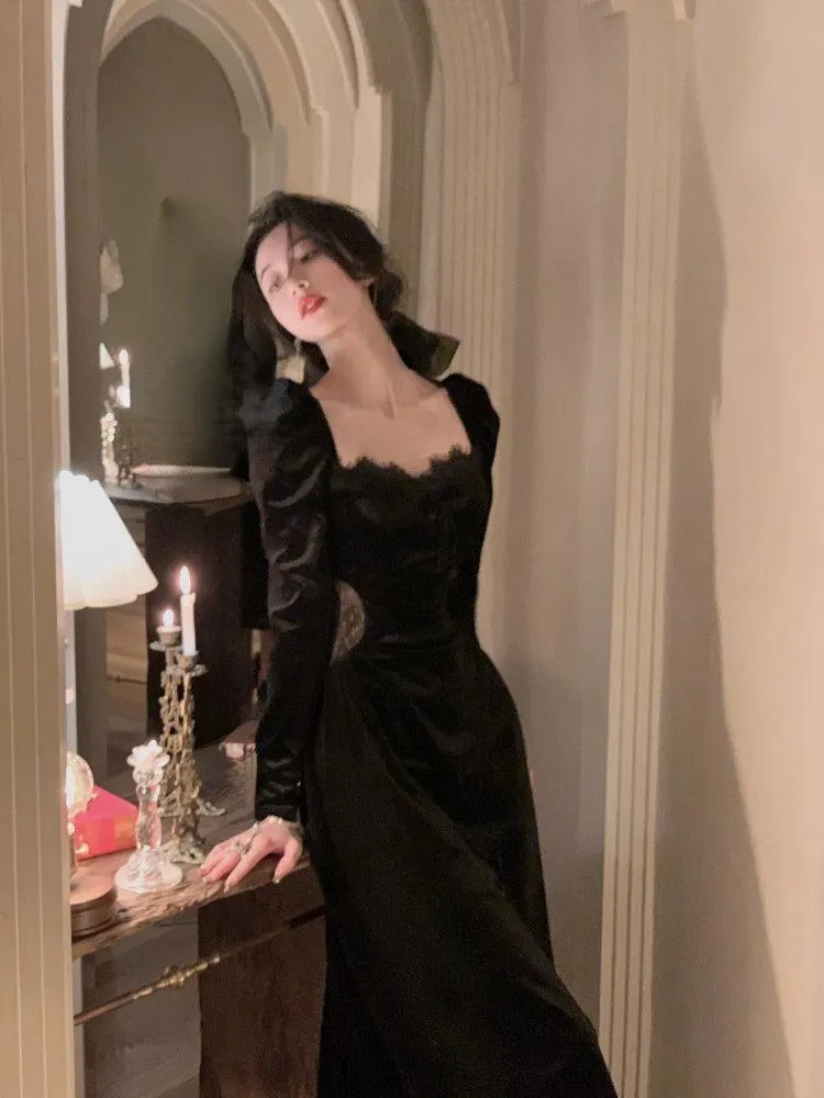 Black Velvet Dress Casual Elegant Midi Long Sleeve Vintage Lace Dress