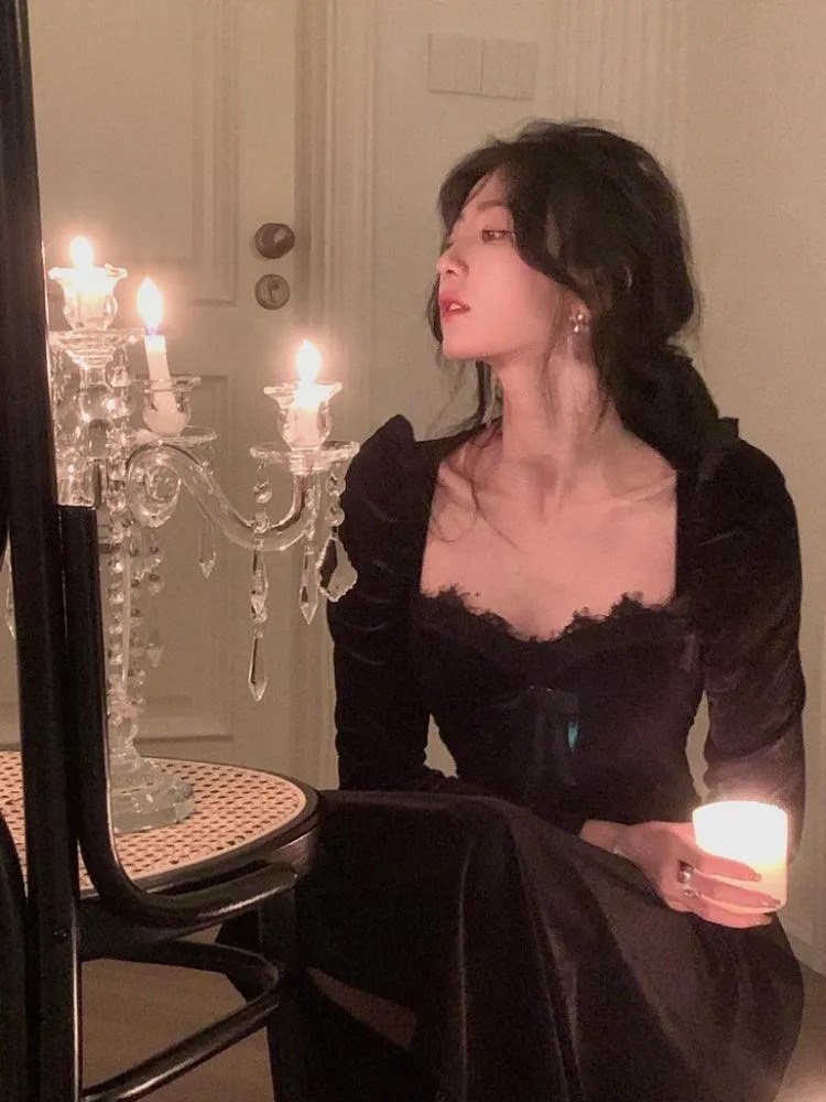Black Velvet Dress Casual Elegant Midi Long Sleeve Vintage Lace Dress