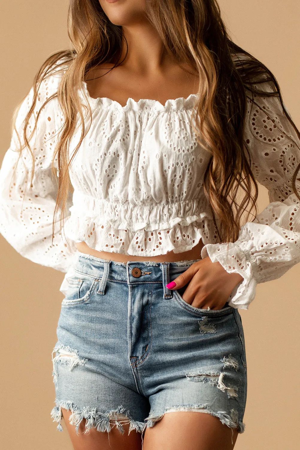 Blessings Off The Shoulder Long Sleeve Crop Top (White) | FINAL SALE