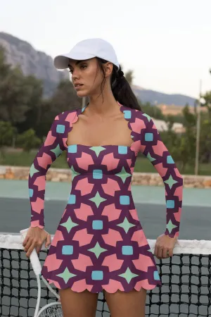 Blossom Block Long-Sleeve Tennis Dress – Bold Geo Bloom Activewear