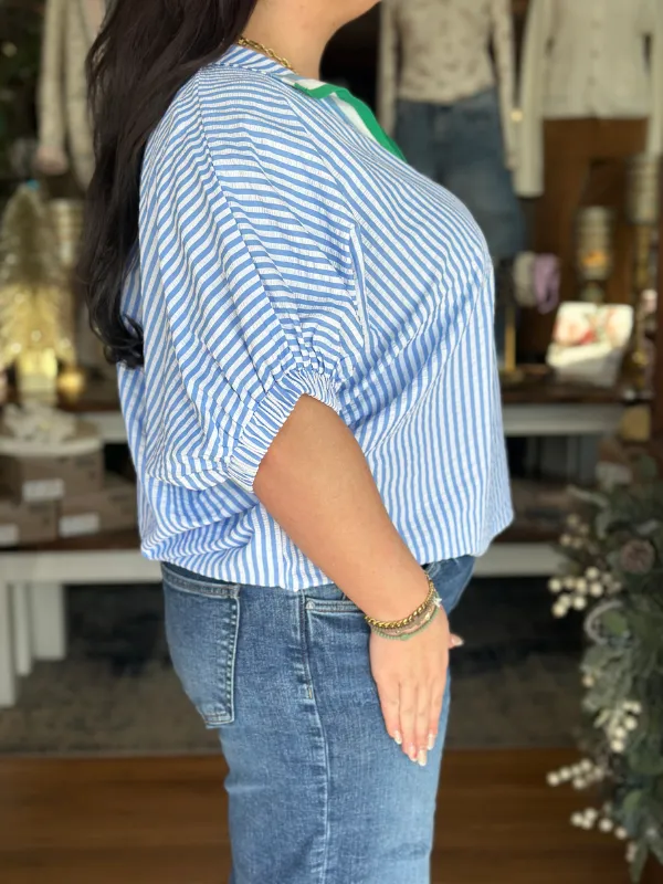 Blue & White Stripe Contrast Collar Top