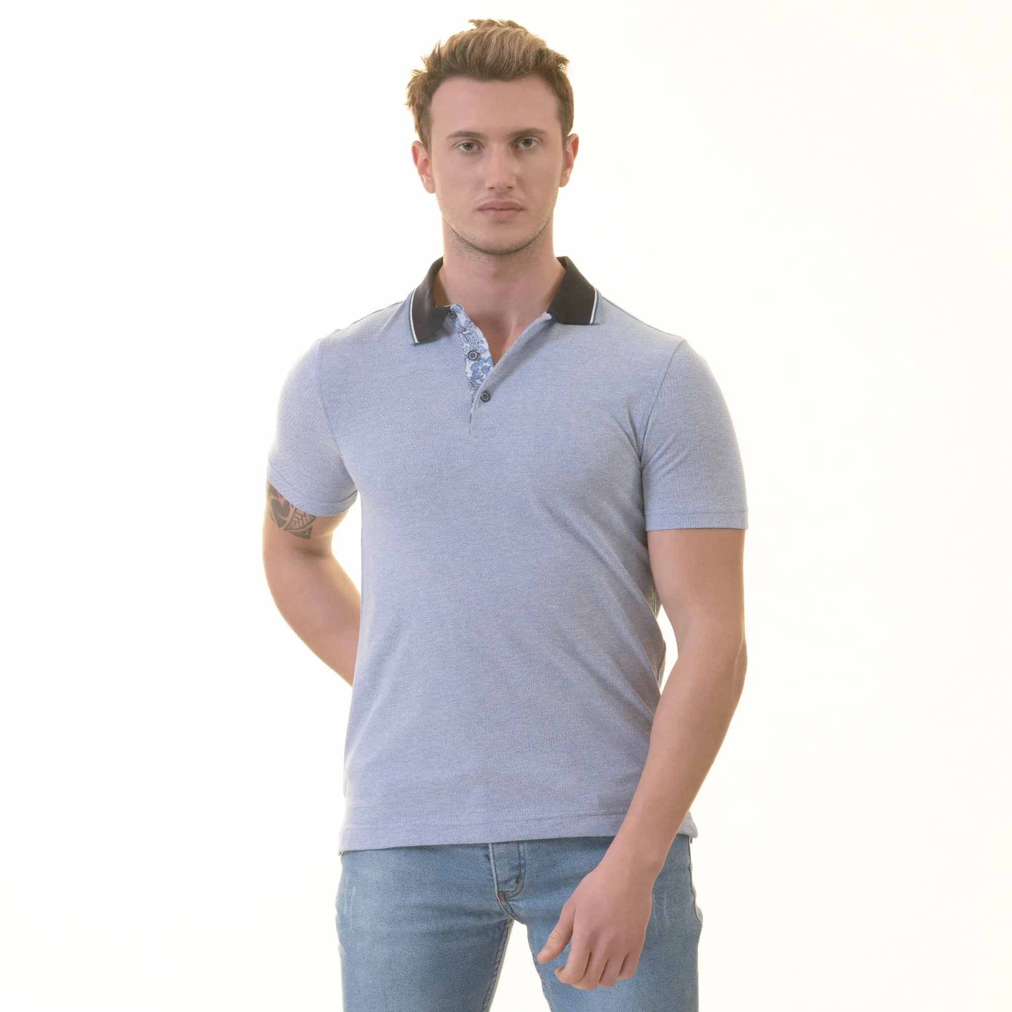 Blue inside Floral Mens Slim Fit Polo Shirts - 100% Soft Cotton - Tailored Comfortable Fit