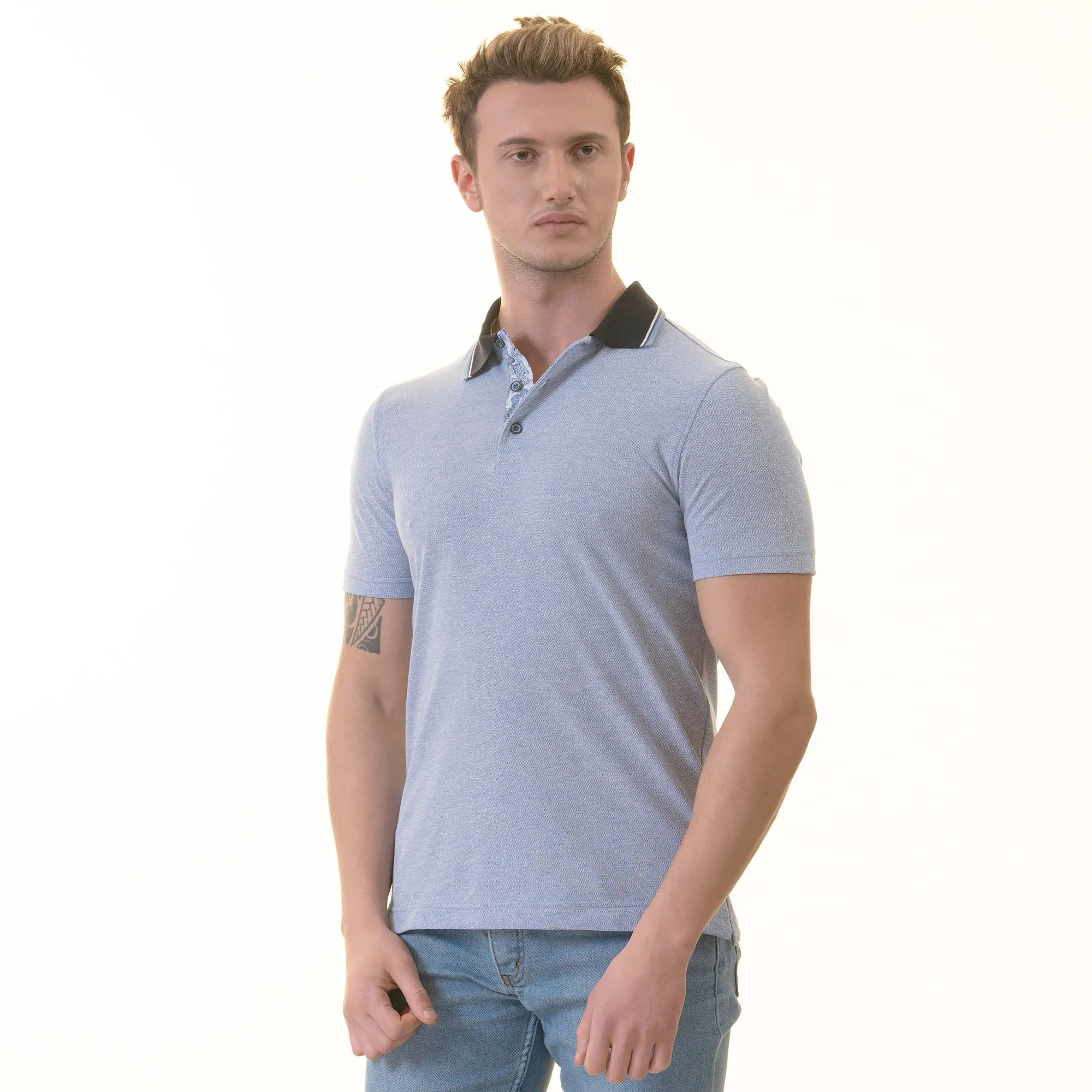 Blue inside Floral Mens Slim Fit Polo Shirts - 100% Soft Cotton - Tailored Comfortable Fit