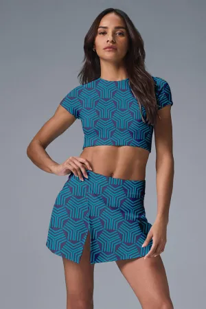 Blue Maze Motion Set – Women’s Abstract Wave Print Crop Top & Tennis Skirt