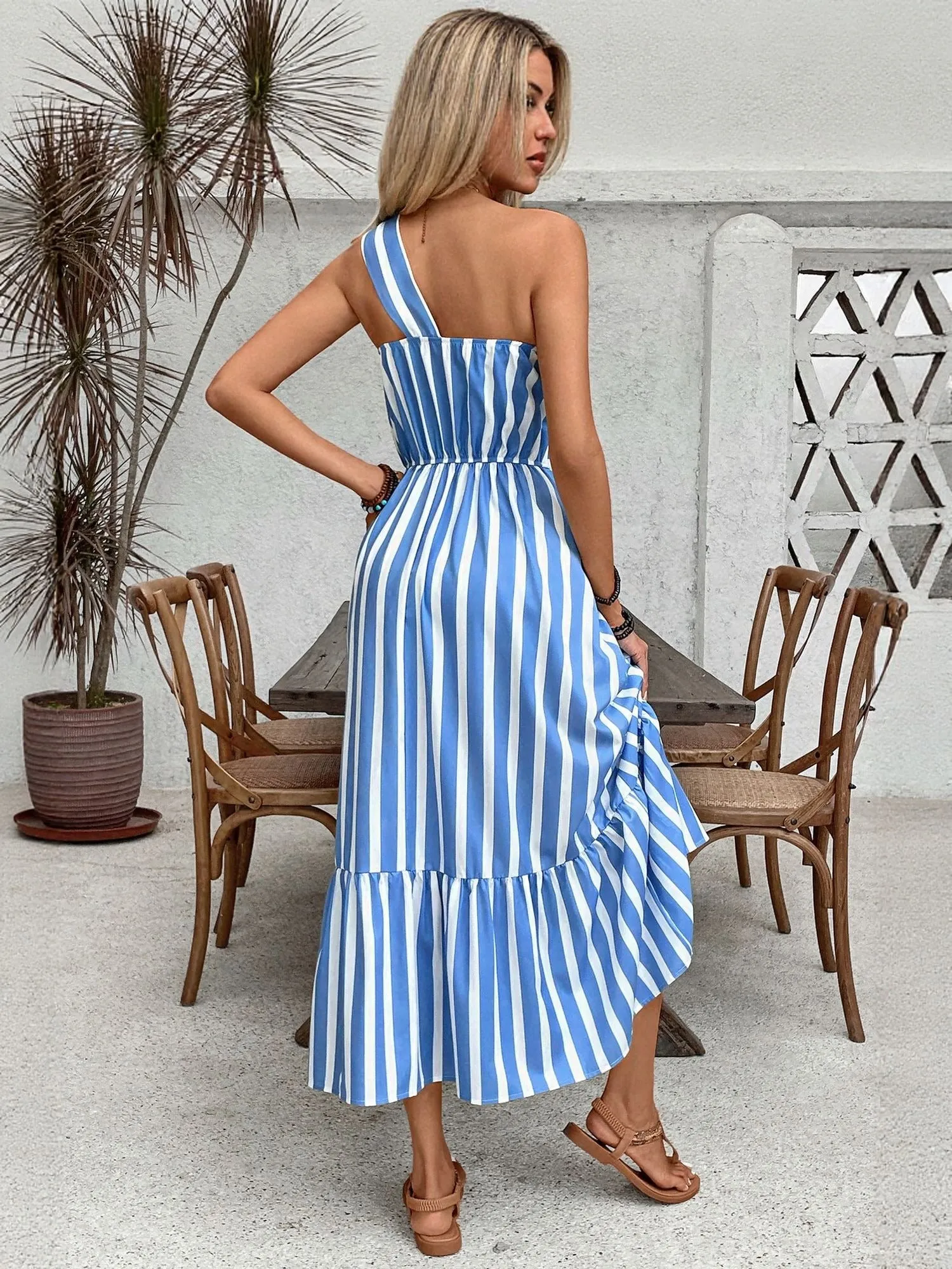Blue One Shoulder Stripe Maxi Dress