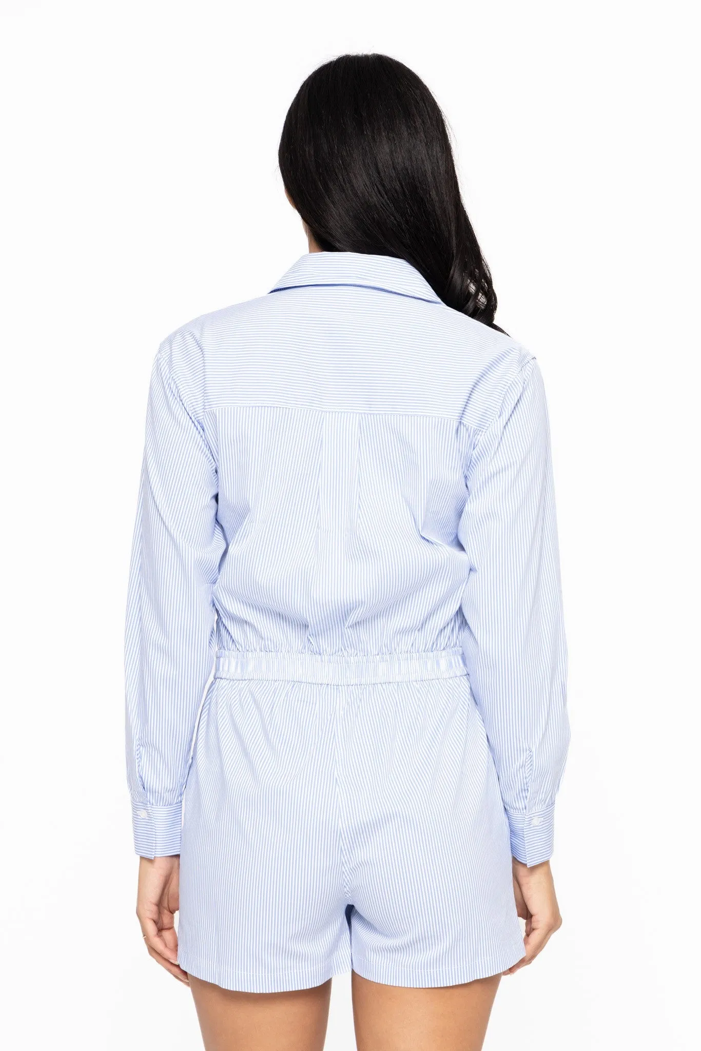Blue Striped Cotton Blend Button Down Romper | Mono B - Final Sale**