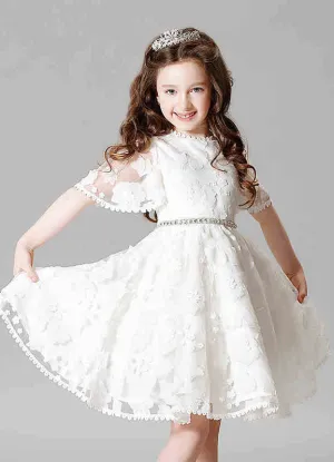 Boho Lace Princess Ivory A-Line Illusion Bell Sleeve Jeweled Sash Short Pageant Dress