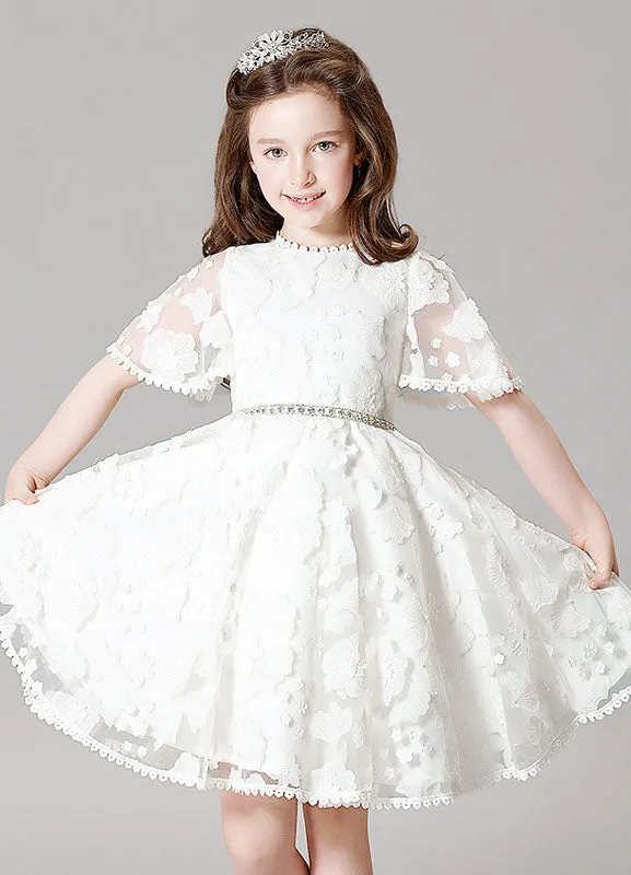 Boho Lace Princess Ivory A-Line Illusion Bell Sleeve Jeweled Sash Short Pageant Dress