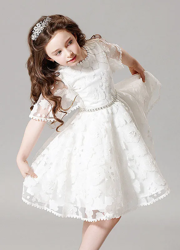 Boho Lace Princess Ivory A-Line Illusion Bell Sleeve Jeweled Sash Short Pageant Dress