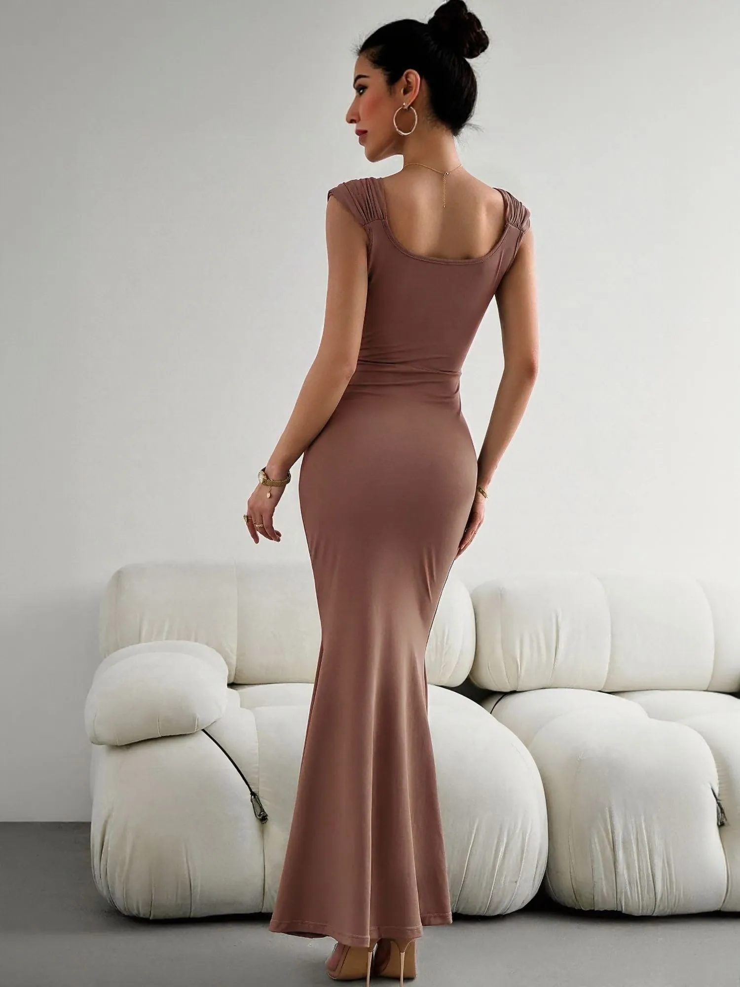 Brown Bodycon Maxi Dress With Gathered Strap
