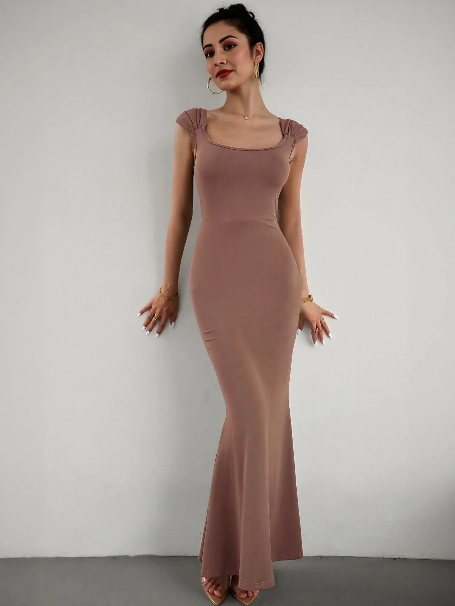 Brown Bodycon Maxi Dress With Gathered Strap
