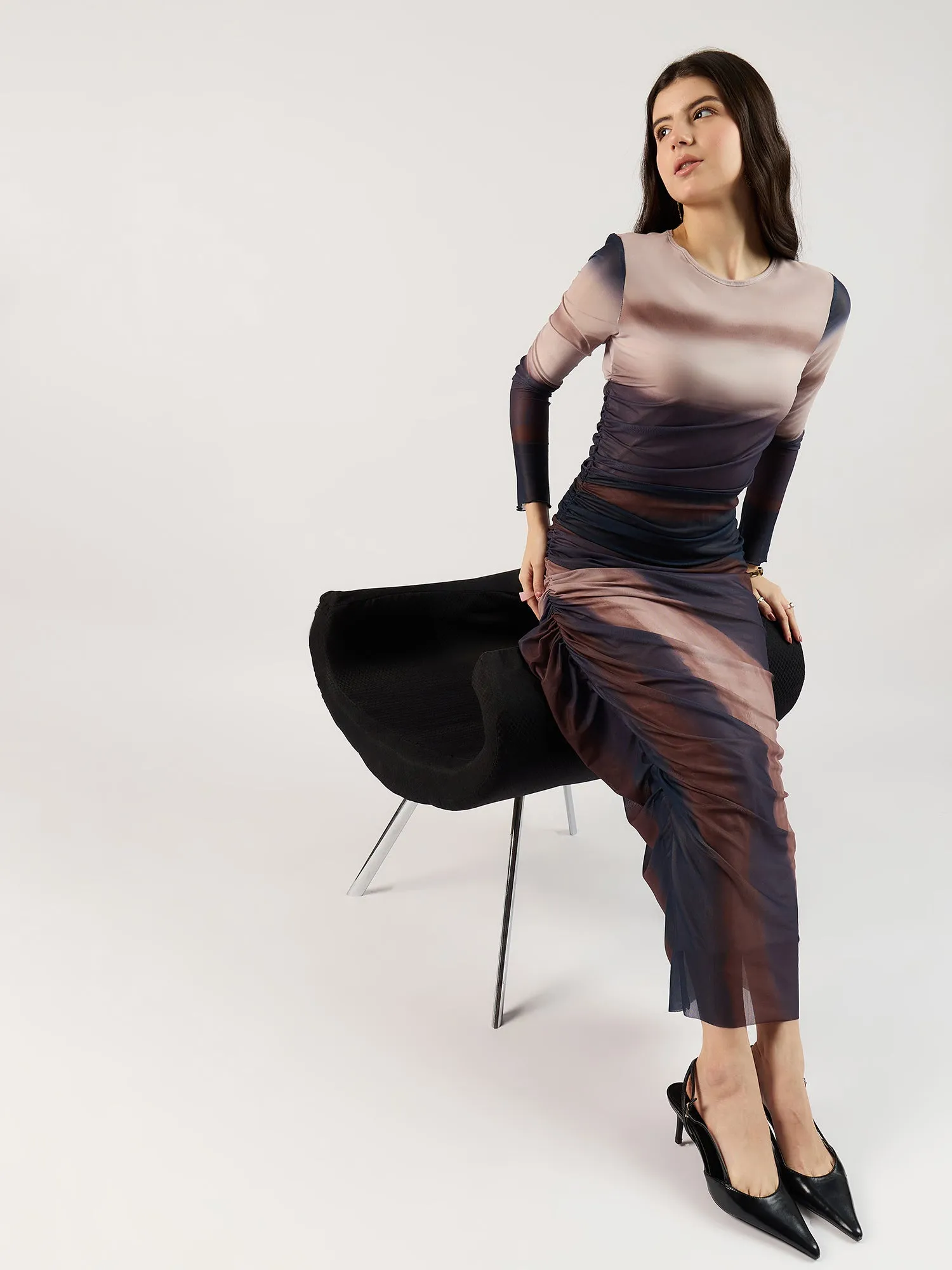 Brown Digital Print Mesh Maxi Dress
