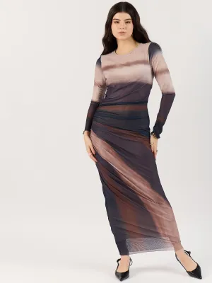 Brown Digital Print Mesh Maxi Dress