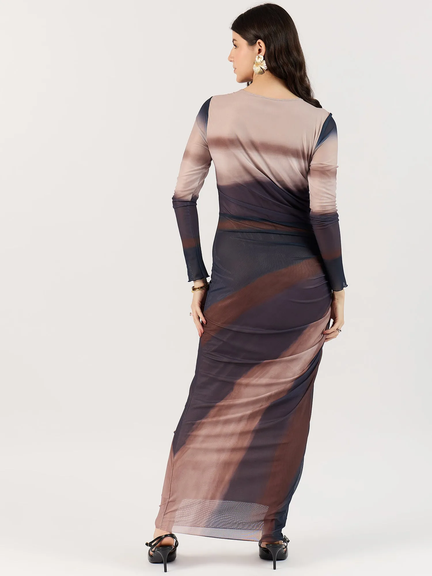 Brown Digital Print Mesh Maxi Dress
