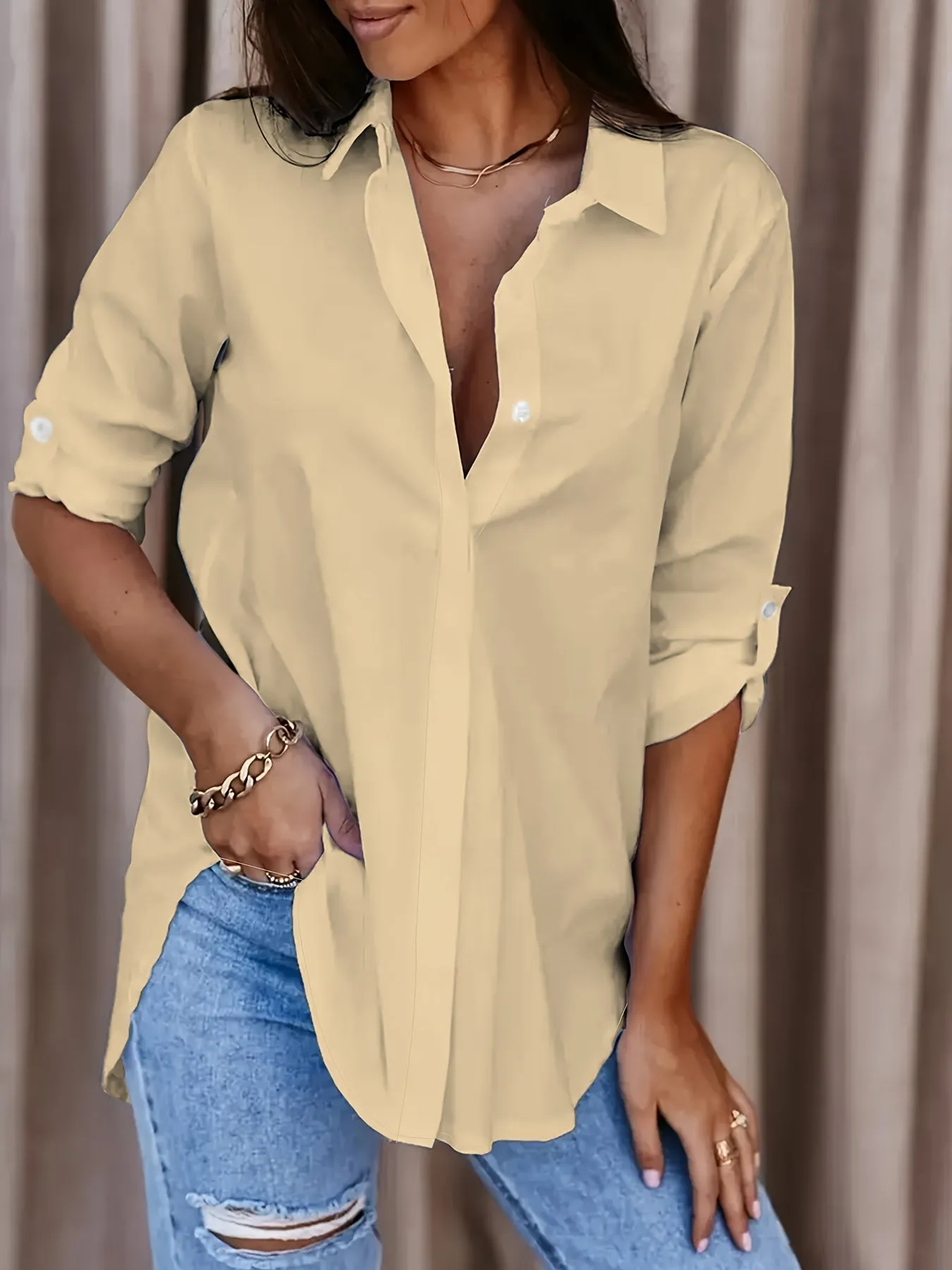 Button-Down Office Shirt - Semi-transparent Design & Lightweight Fabric