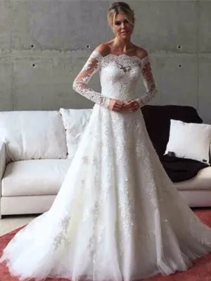 Button Long Sleeves Wedding Dress