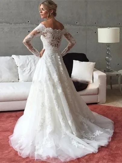 Button Long Sleeves Wedding Dress