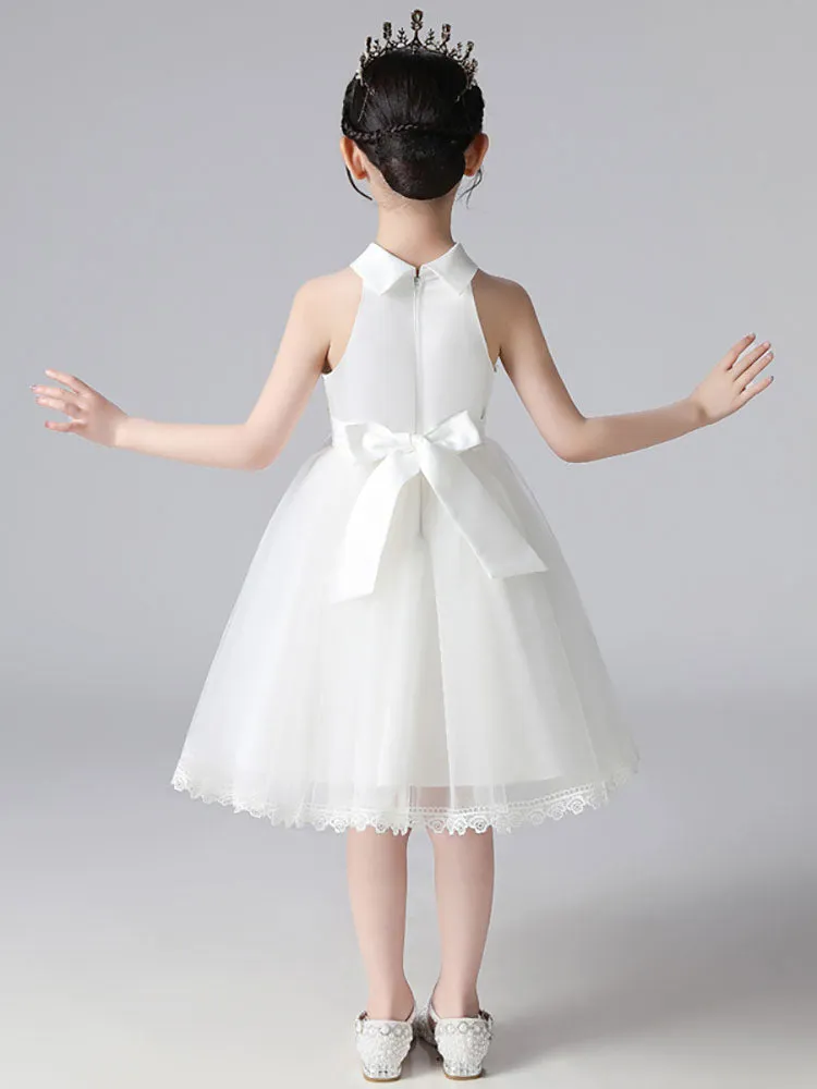 Champagne Designed Neckline Sleeveless Polyester Cotton Tulle Embroidered Formal Kids Pageant flower girl dresses
