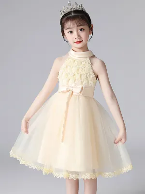 Champagne Designed Neckline Sleeveless Polyester Cotton Tulle Embroidered Formal Kids Pageant flower girl dresses